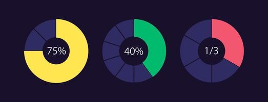 Social media poll results circle infographic design template set for dark theme. Internet research. Editable pie charts with sectors. Visual data presentation vector