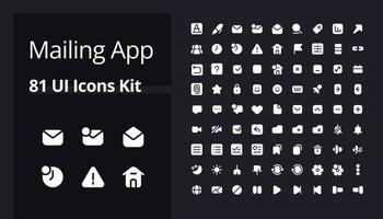 Mailing app white glyph ui icons kit for dark mode. Communication technology. Silhouette symbols on black background. Solid pictograms for web, mobile. Vector isolated illustrations