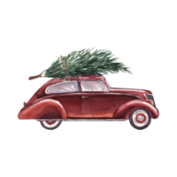 coche vintage acuarela con árbol de navidad png