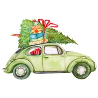 Watercolor Vintage Car With Christmas Tree png