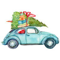 vattenfärg årgång bil med jul träd png