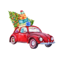 Watercolor Vintage Car With Christmas Tree png