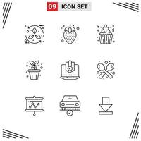 Mobile Interface Outline Set of 9 Pictograms of antivirus nature cake pot party Editable Vector Design Elements