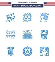 Pack of 9 USA Independence Day Celebration Blues Signs and 4th July Symbols such as white house cowboy building paper Editable USA Day Vector Design Elements