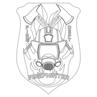 Firefighter insignia coloring page. Firefighter mask, helmet and axes behind on shield badge. Colorful PNG illustration.