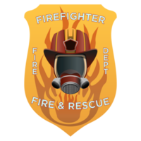 insignias de bombero. máscara de bombero, casco y hachas detrás de la insignia del escudo. ilustración png colorida.