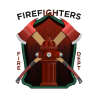 Firefighter Insignia in realistic style. Firefighter axes and hydrant on shield Badge. Colorful PNG illustration.