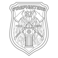 Firefighter Badge coloring page. Firefighter axes and hydrant on shield insignia. Colorful PNG illustration.