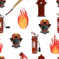 Seamless Pattern Fire Department and Fire equipment. Colorful PNG illustration.