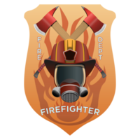 Firefighter insignia. Firefighter mask, helmet and axes behind on shield badge. Colorful PNG illustration.