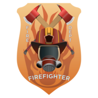 Firefighter insignia. Firefighter mask, helmet and axes behind on shield badge. Colorful PNG illustration.