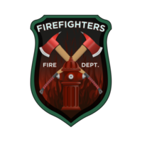 Firefighter Badge in realistic style. Firefighter axes and hydrant on shield insignia. Colorful illustration. png