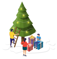 Decorating christmas tree cartoon style. Christmas gifts decorations and garlands. Merry Christmas and Happy New Year Concept. png