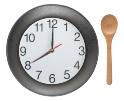 Clock on the plate and wooden spoon isolated png