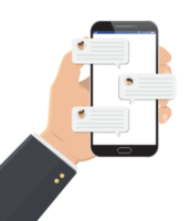 Mobile phone chat message notifications. hand with smartphone and chatting bubble speeches, concept of online talking, speak, conversation, dialog png