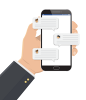 Mobile phone chat message notifications. hand with smartphone and chatting bubble speeches, concept of online talking, speak, conversation, dialog png