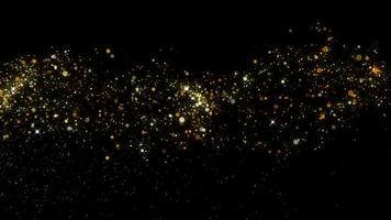 vol d'une étoile lumineuse et diffusion de particules dorées rondes sur fond noir video
