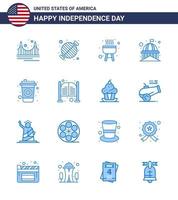 USA Independence Day Blue Set of 16 USA Pictograms of white landmark grill house cook Editable USA Day Vector Design Elements