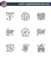 Pack of 9 USA Independence Day Celebration Lines Signs and 4th July Symbols such as sports backetball flag weapon security Editable USA Day Vector Design Elements