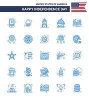 Happy Independence Day 4th July Set of 25 Blues American Pictograph of bridge sweet celebration muffin cake Editable USA Day Vector Design Elements