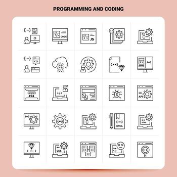 esquema 25 conjunto de iconos de programación y codificación diseño de estilo de línea vectorial conjunto de iconos negros paquete de pictogramas lineales diseño de ideas de negocios web y móviles ilustración vectorial vector