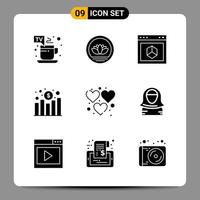 9 Black Icon Pack Glyph Symbols Signs for Responsive designs on white background. 9 Icons Set. vector
