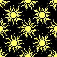 seamless symmetrical graphic pattern of yellow suns on a black background, texture, design photo