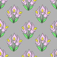 symmetrical seamless pattern of pink flowers on a gray background, texture, design photo