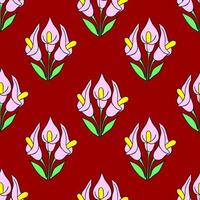 symmetrical seamless pattern of pink flowers on a red background, texture, design photo