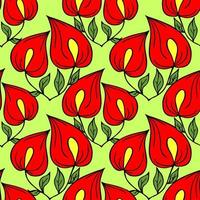 seamless symmetrical graphic pattern of red flowers on a green background, texter, design photo