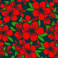 seamless symmetrical graphic pattern of red flowers on a green background, texter, design photo