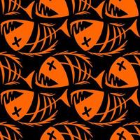 bright seamless pattern of orange graphic fish skeletons on a black background, texture, design photo