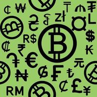 seamless black pattern of graphic symbols of different currencies of the world on a green background, texture, design photo