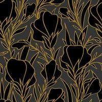 seamless pattern of large black flowers with a golden outline on a dark gray background, texture, design photo