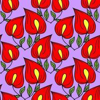 seamless pattern of red large exotic flowers with a black outline on a lilac background, texture, design photo