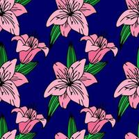 seamless repeating pattern of large pink lily flowers on a blue background, texture, design photo