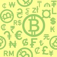 seamless green pattern of graphic symbols of different currencies of the world on a yellow background, texture, design photo