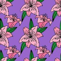 patrón repetitivo sin costuras de grandes flores de lirio rosa sobre un fondo púrpura, textura, diseño foto