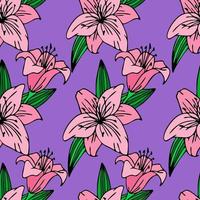 seamless repeating pattern of large pink lily flowers on a purple background, texture, design photo