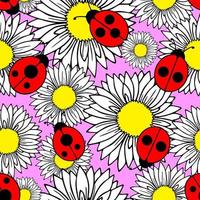 seamless pattern of graphic flowers of daisies and ladybugs on a pink background, text, design photo