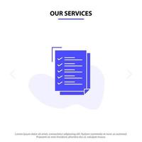 Our Services Checklist To Do List Work Task Notepad Solid Glyph Icon Web card Template vector