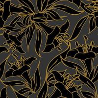 seamless pattern of large black flowers with a golden outline on a dark gray background, texture, design photo
