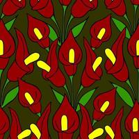 symmetrical seamless pattern of red flowers on a green background, texture, design photo