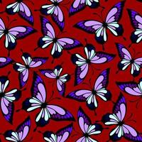 seamless pattern of bright butterflies in purple tones on a red background, texture, design photo