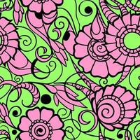 seamless pattern of large pink flowers with a black outline on a green background, texture, design photo