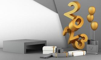 Letters gold texture of 2023 in the concept of New Year, white marble color tones, surrounded by geometric shapes for displaying the products and gift boxes with transparent balls. 3d rendering photo