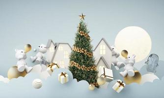 happy new year and merry Christmas winter old town street. Full moon and surrounded by clouds christmas tree and a golden gift box with polar bear. Bright Winter holiday composition. 3d rendering photo