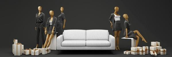 Statue of model mannequin in gold for showcasing fashion formal clothes in an abstract concept. on stone pallet geometric product stand. isolate on black background with promotion sale. 3d rendering photo