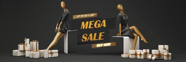 Statue of model mannequin in gold for showcasing fashion formal clothes in an abstract concept. on stone pallet geometric product stand. isolate on black background with promotion sale. 3d rendering photo