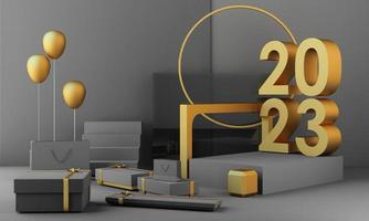 Letters gold texture of 2023 in the concept of New Year, white marble color tones, surrounded by geometric shapes for displaying the products and gift boxes with transparent balls. 3d rendering photo